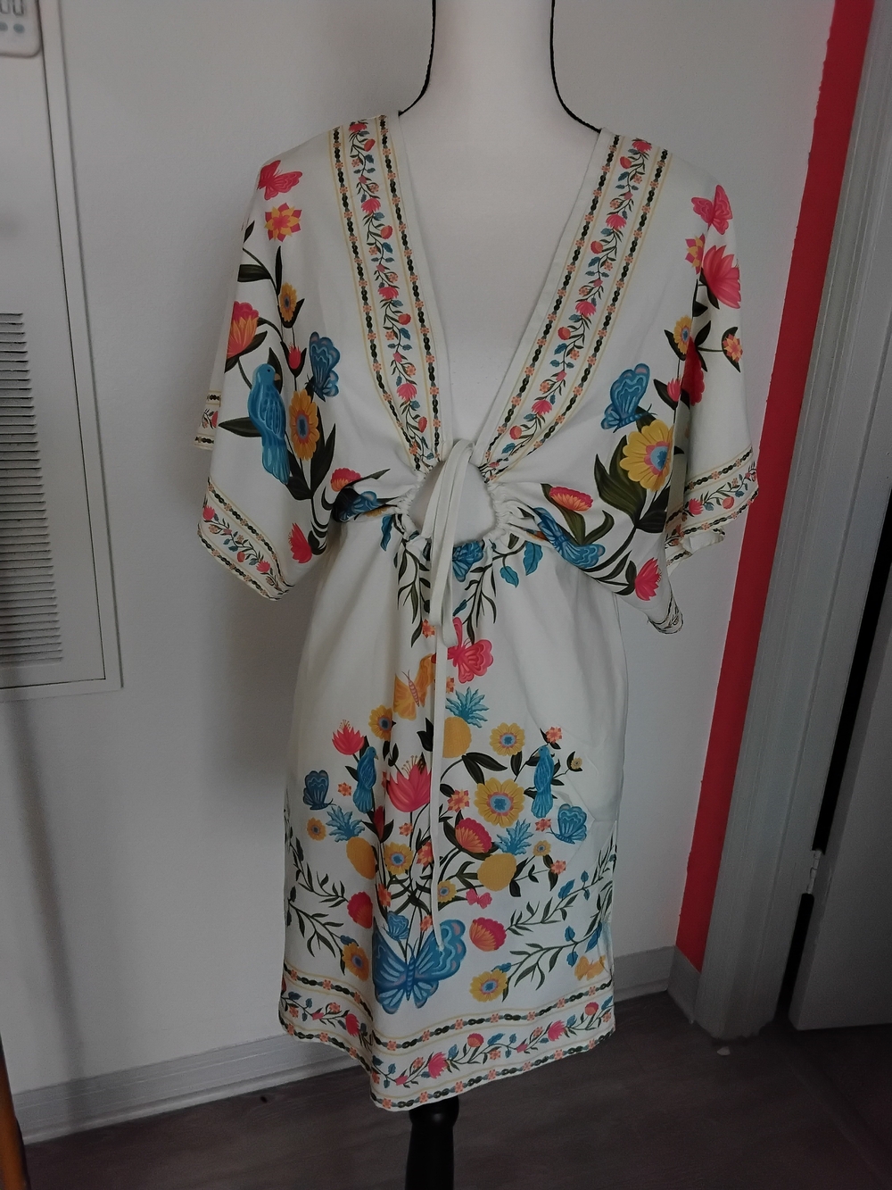 SHEIN White Floral Tie-Front Midi Dress with Blue, Yellow & Pink Accents - Picture 1 of 3